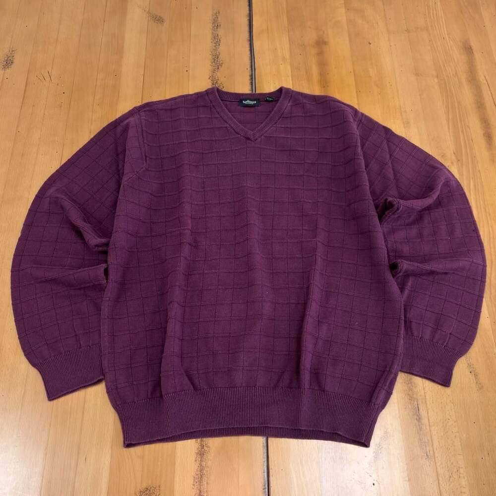 Van Heusen Grid Knit V-Neck Sweater Size L Plum Purple Cotton